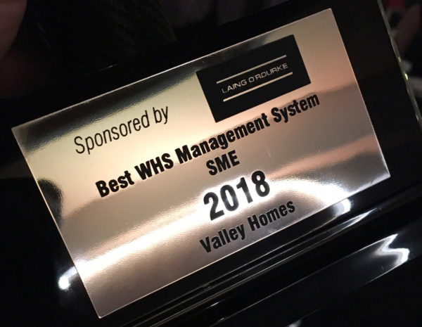 Valley Homes WHS Workplace Health and Safety Award win 2018
