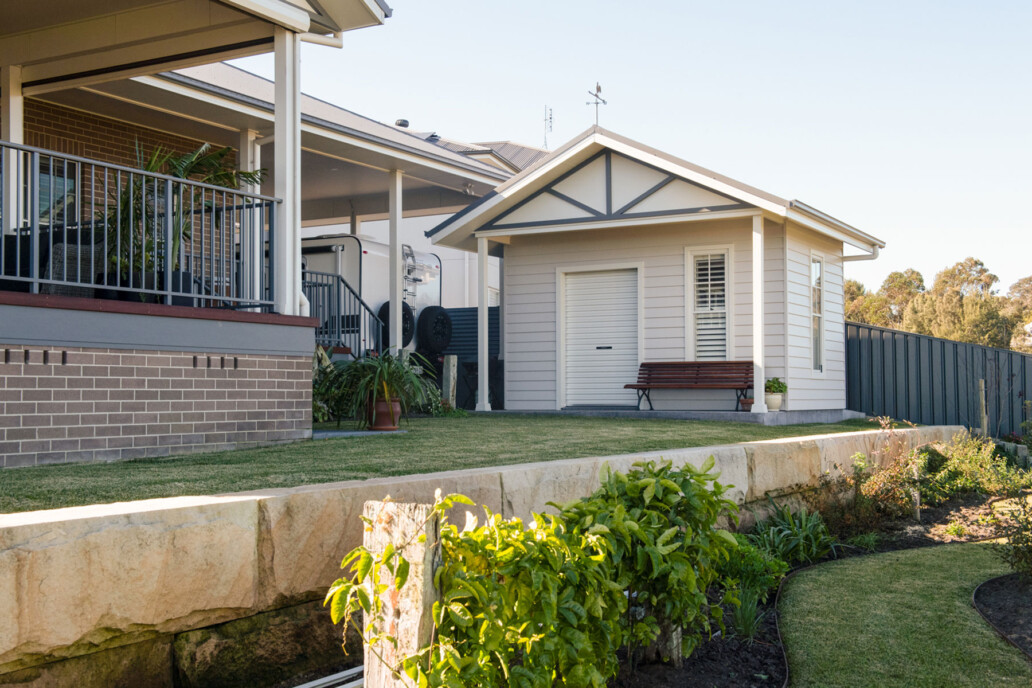 back yard with large garden shed